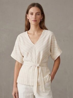MIRTH Hand Made Cream Chevron Cotton Gauze Short Sleeve Top Size Medium